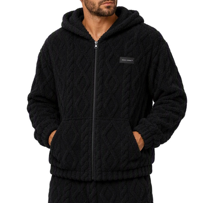 Veste à capuche zippée en polaire sherpa gaufrée torsadée pour homme avec poches