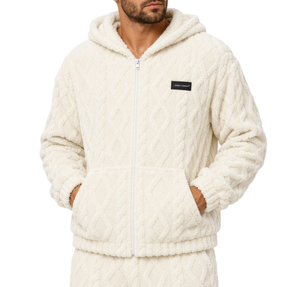 Veste à capuche zippée en polaire sherpa gaufrée torsadée pour homme avec poches