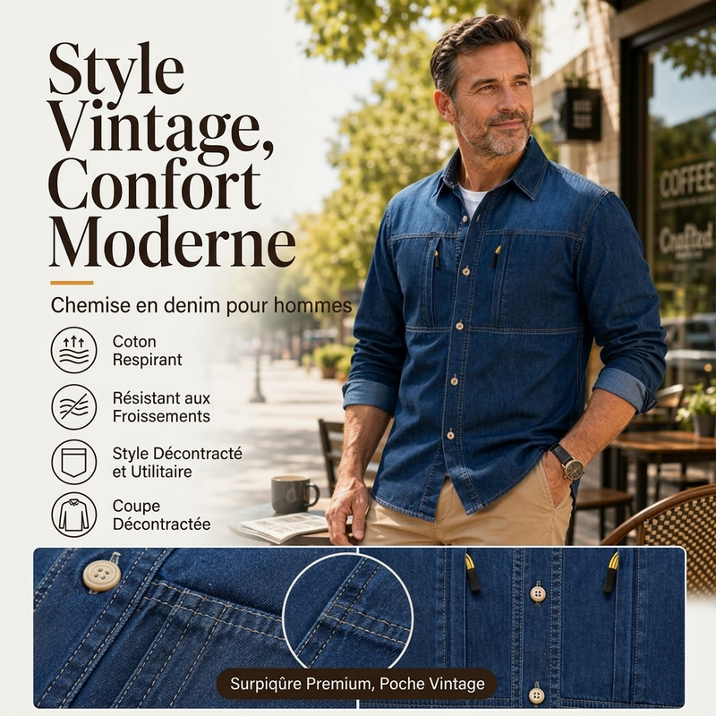 Chemise en jean décontractée pour homme avec poches zippées