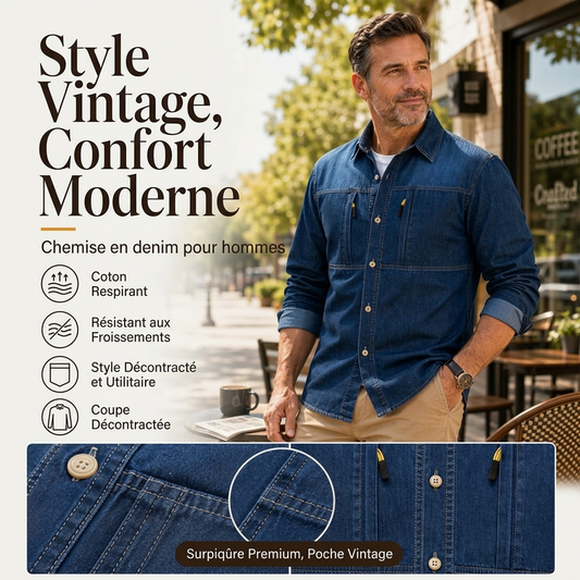 Chemise en jean décontractée pour homme avec poches zippées