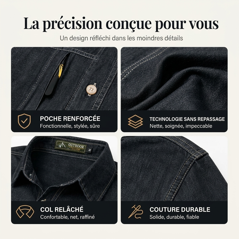 Chemise en jean décontractée pour homme avec poches zippées