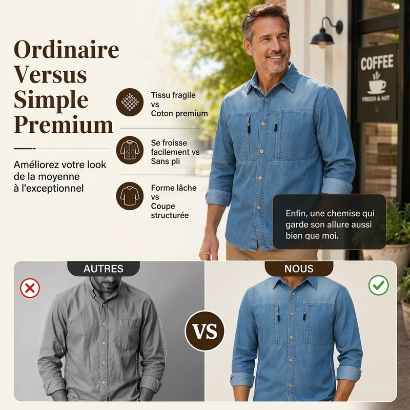 Chemise en jean décontractée pour homme avec poches zippées