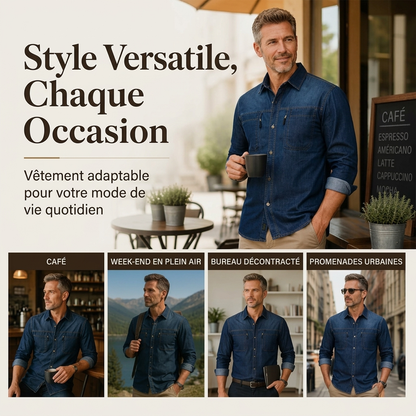 Chemise en jean décontractée pour homme avec poches zippées