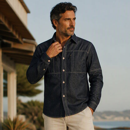 Chemise en jean décontractée pour homme avec poches zippées