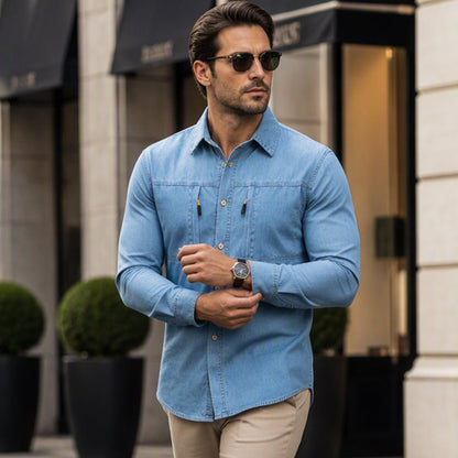 Chemise en jean décontractée pour homme avec poches zippées