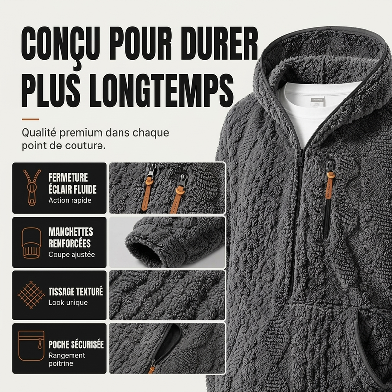 Veste à capuche homme en sherpa texturé demi-zip