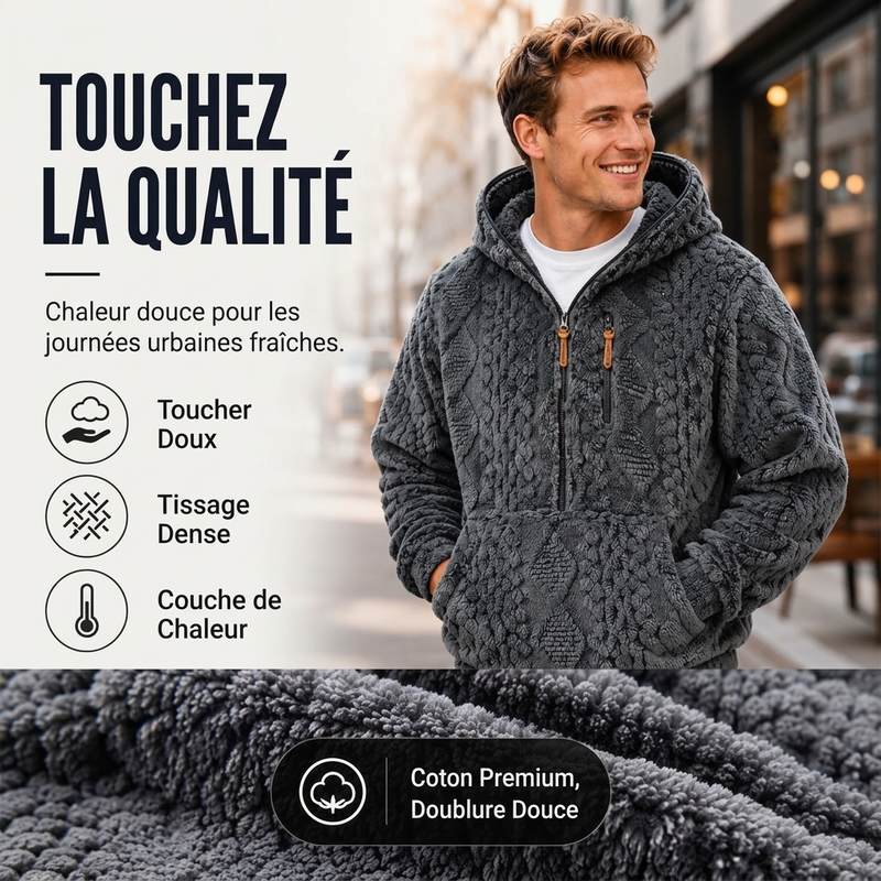 Veste à capuche homme en sherpa texturé demi-zip