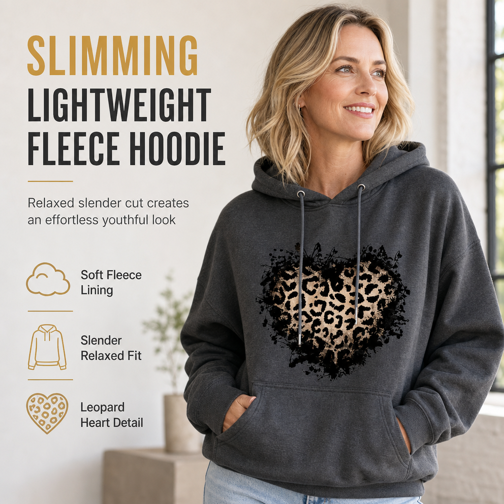 Sweat à capuche décontracté pour femme en polaire, avec motif cœur léopard et poche kangourou