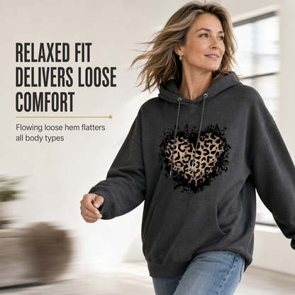Sweat à capuche décontracté pour femme en polaire, avec motif cœur léopard et poche kangourou