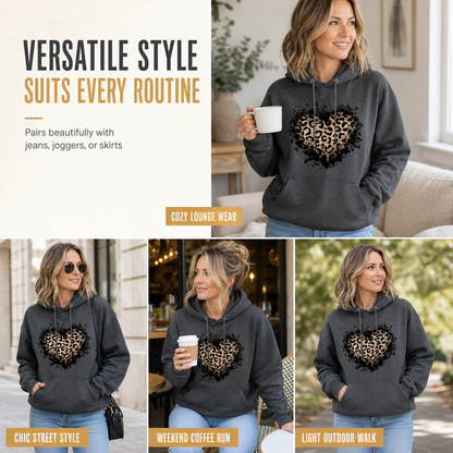 Sweat à capuche décontracté pour femme en polaire, avec motif cœur léopard et poche kangourou