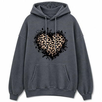 Sweat à capuche décontracté pour femme en polaire, avec motif cœur léopard et poche kangourou
