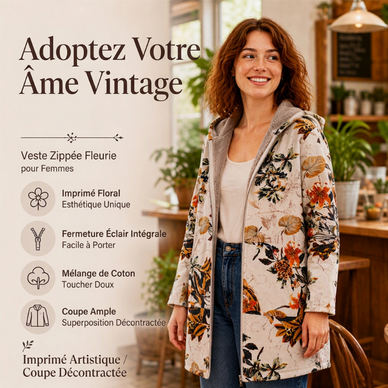 Manteau à capuche pour femme avec imprimé feuille vintage