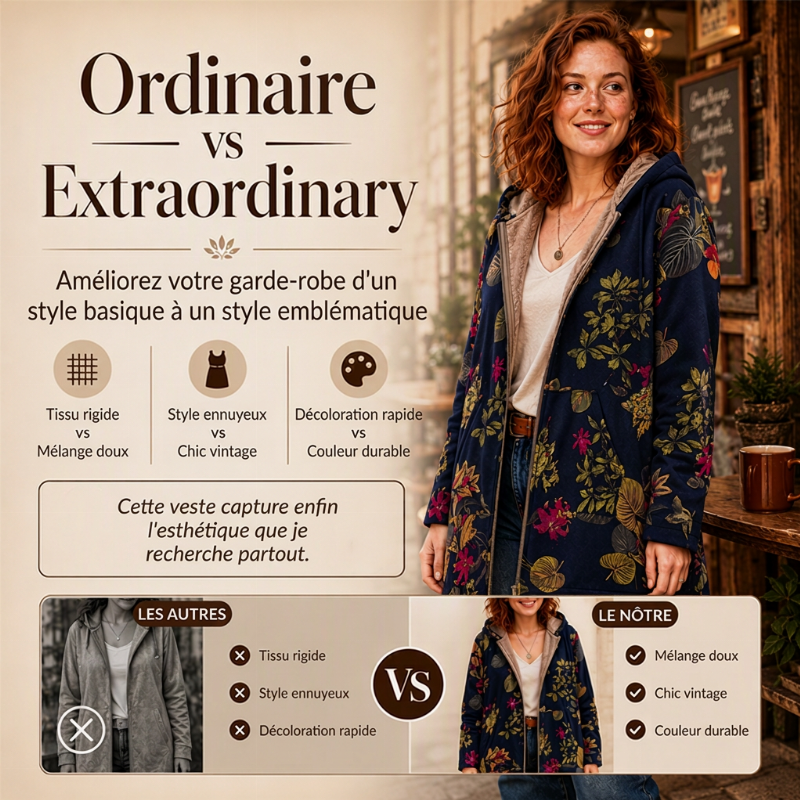 Manteau à capuche pour femme avec imprimé feuille vintage