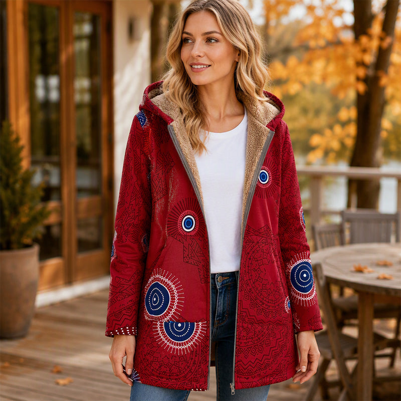 Manteau à capuche pour femme avec imprimé feuille vintage