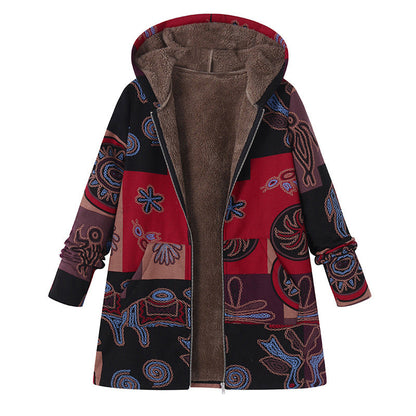 Manteau à capuche pour femme avec imprimé feuille vintage
