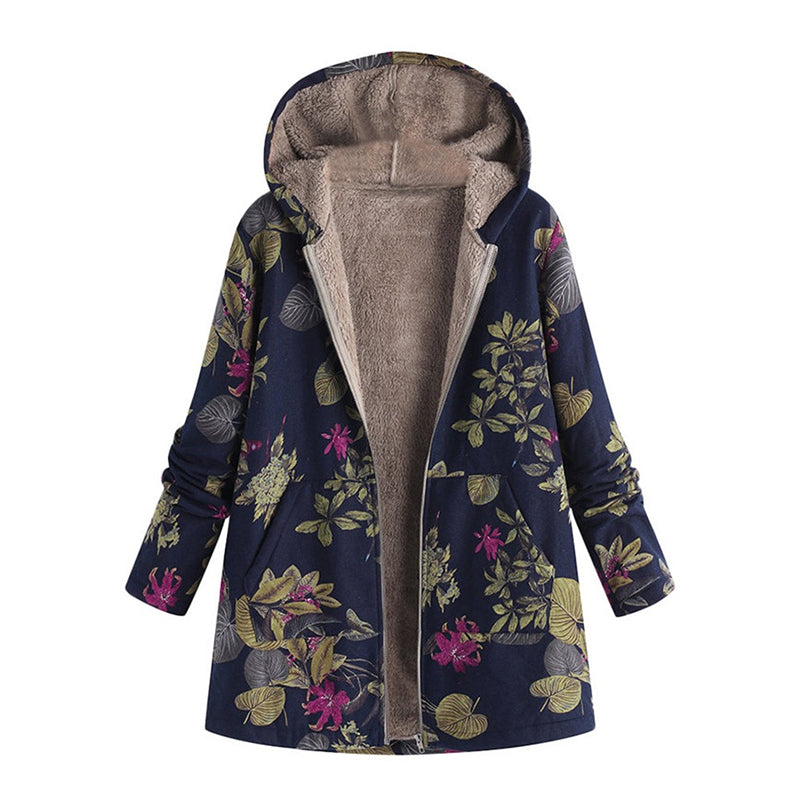 Manteau à capuche pour femme avec imprimé feuille vintage