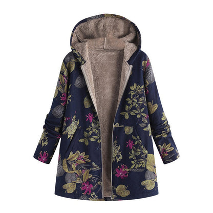 Manteau à capuche pour femme avec imprimé feuille vintage