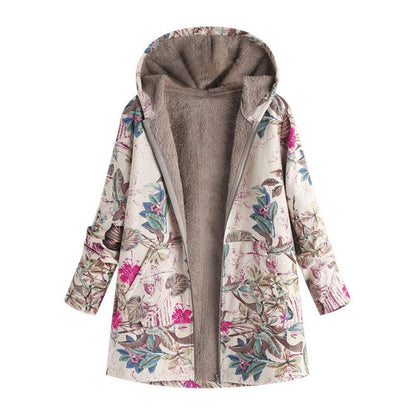 Manteau à capuche pour femme avec imprimé feuille vintage