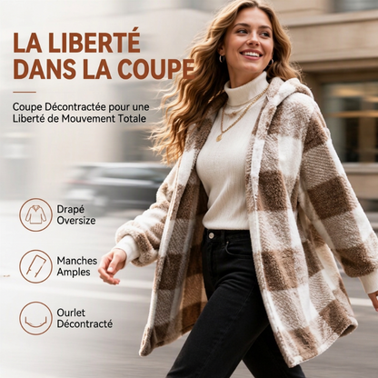 Cardigan à capuche oversize à carreaux et blocs de couleurs pour femme