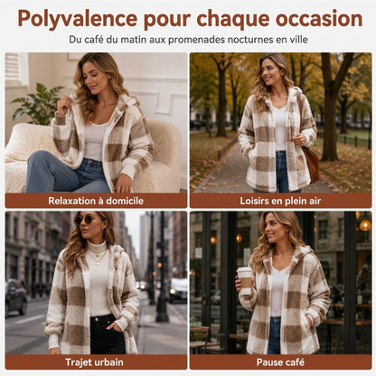Cardigan à capuche oversize à carreaux et blocs de couleurs pour femme