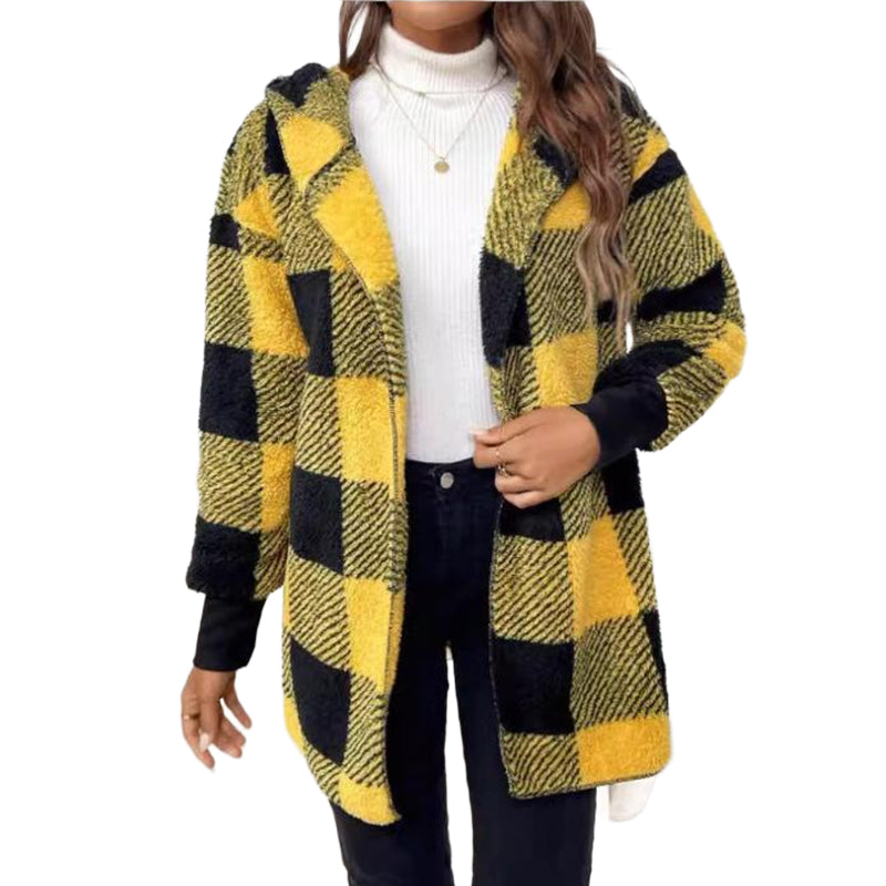 Cardigan à capuche oversize à carreaux et blocs de couleurs pour femme