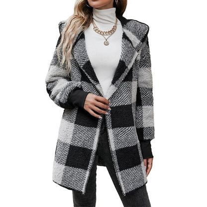 Cardigan à capuche oversize à carreaux et blocs de couleurs pour femme