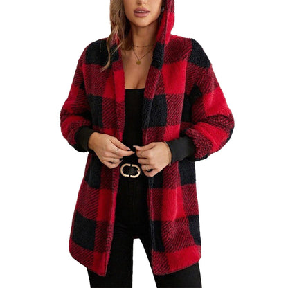 Cardigan à capuche oversize à carreaux et blocs de couleurs pour femme