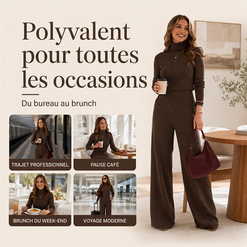 Ensemble pour femme : haut en maille à col roulé et pantalon large