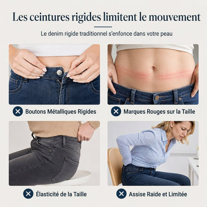 Jean en denim délavé foncé pour femme, coupe slim, taille haute, enfilage facile avec large ceinture élastique