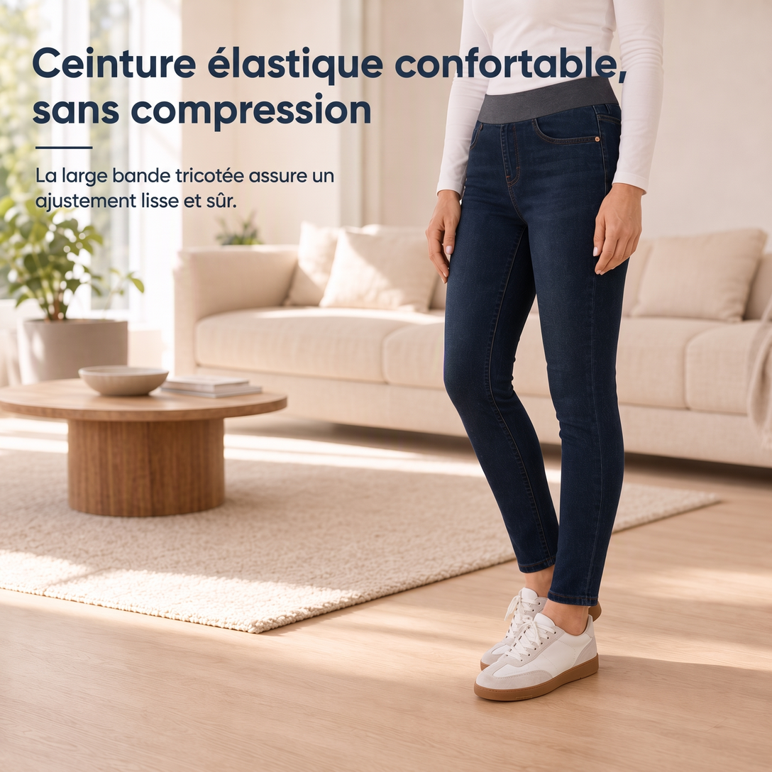 Jean en denim délavé foncé pour femme, coupe slim, taille haute, enfilage facile avec large ceinture élastique