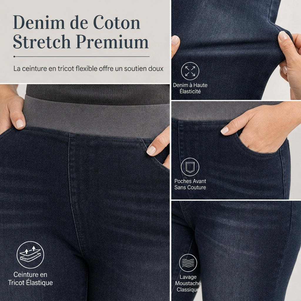 Jean en denim délavé foncé pour femme, coupe slim, taille haute, enfilage facile avec large ceinture élastique
