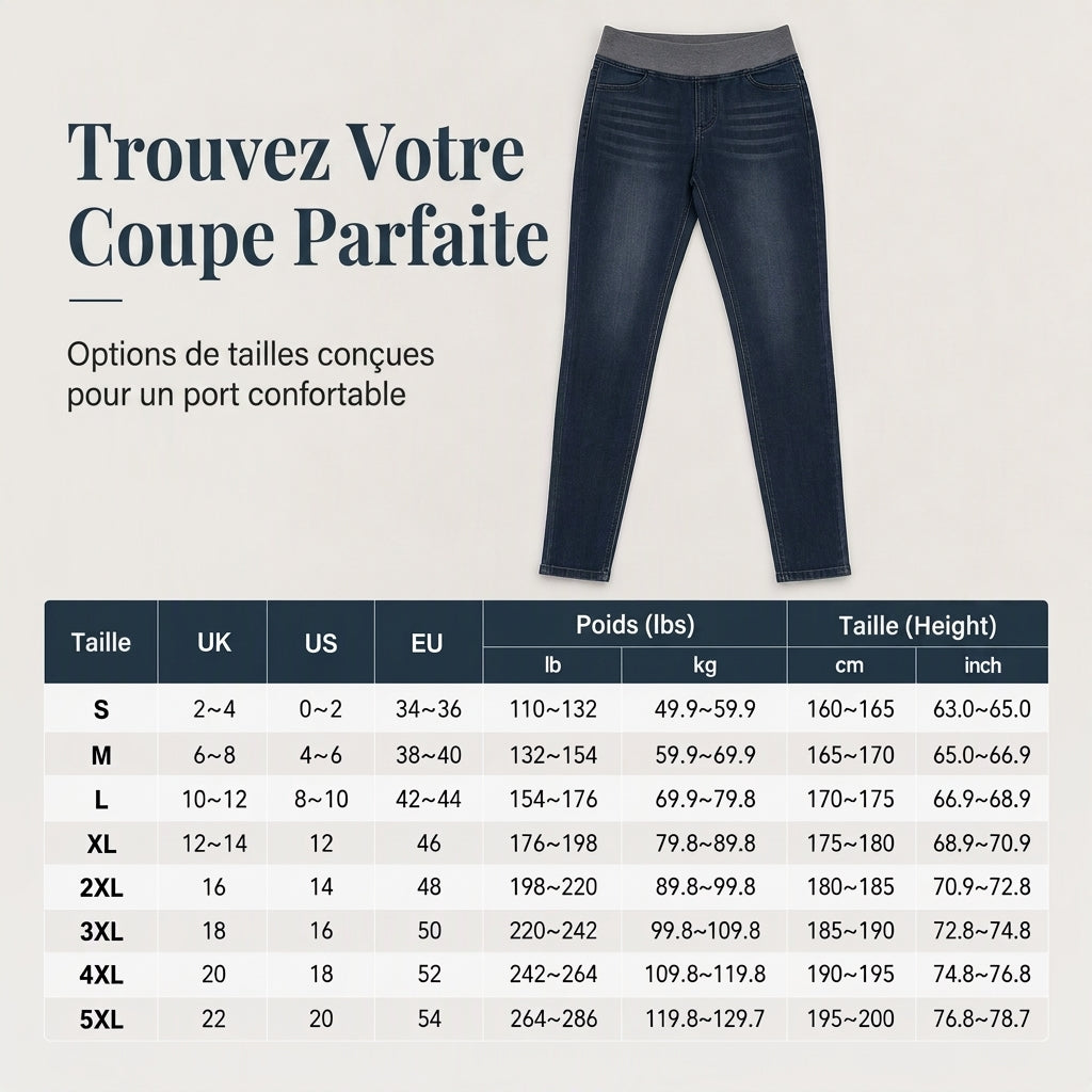 Jean en denim délavé foncé pour femme, coupe slim, taille haute, enfilage facile avec large ceinture élastique