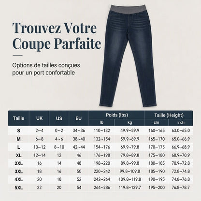 Jean en denim délavé foncé pour femme, coupe slim, taille haute, enfilage facile avec large ceinture élastique