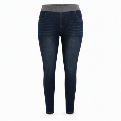 Jean en denim délavé foncé pour femme, coupe slim, taille haute, enfilage facile avec large ceinture élastique