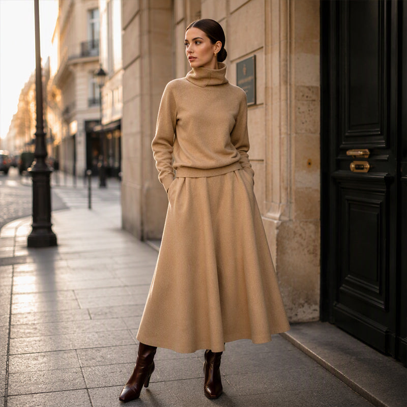 Ensemble haut à col roulé et jupe longue pour femme