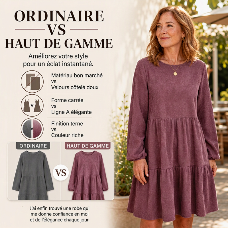 Robe vintage femme à manches longues en velours côtelé