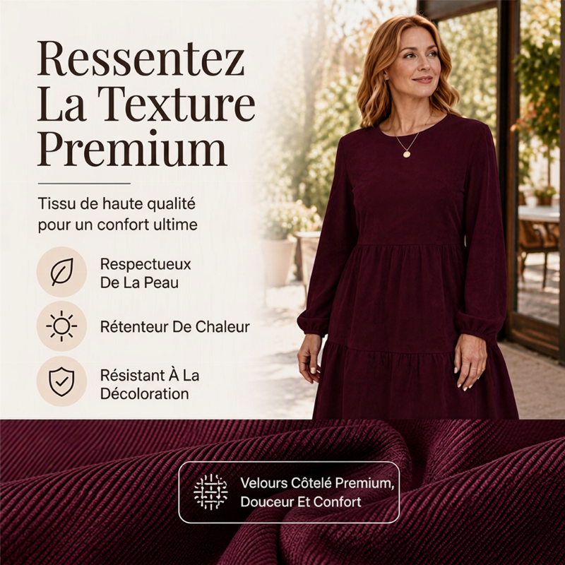 Robe vintage femme à manches longues en velours côtelé