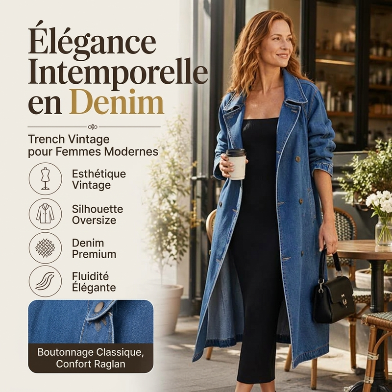 Manteau en denim long à double boutonnage pour femme