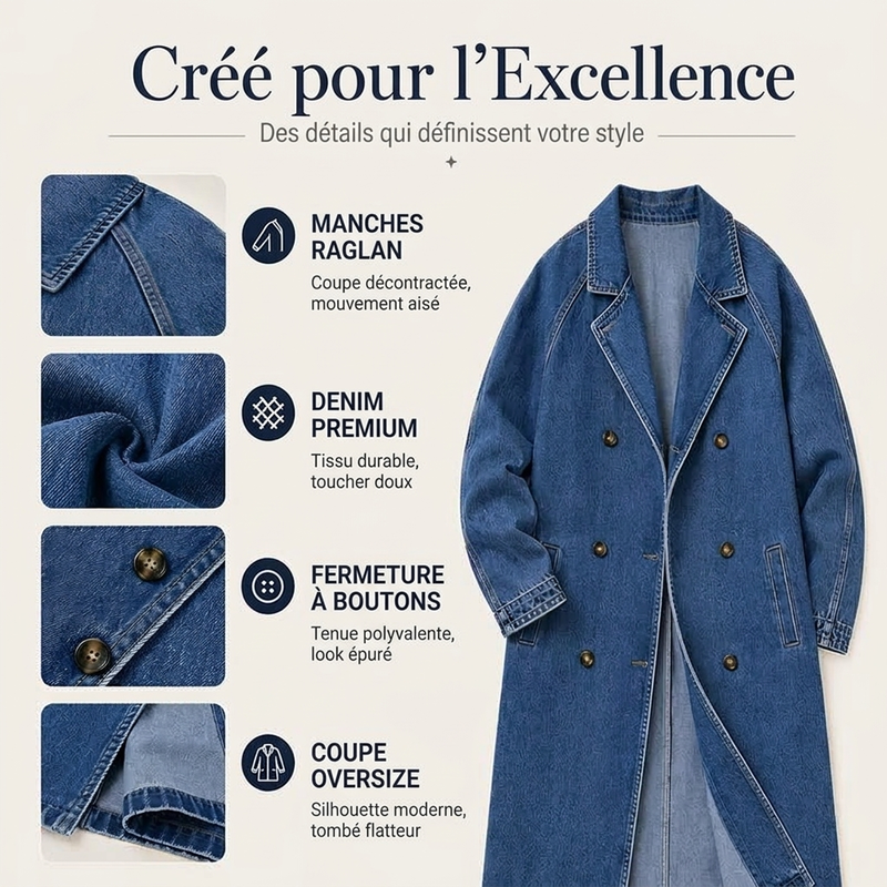 Manteau en denim long à double boutonnage pour femme