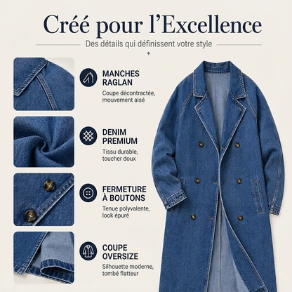 Manteau en denim long à double boutonnage pour femme