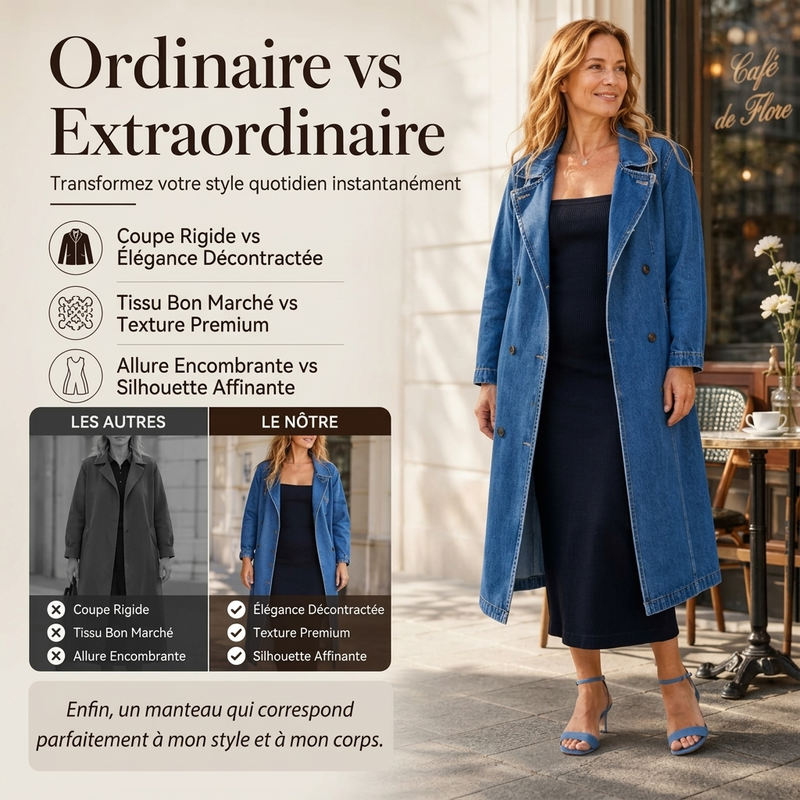 Manteau en denim long à double boutonnage pour femme