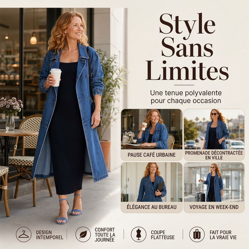 Manteau en denim long à double boutonnage pour femme