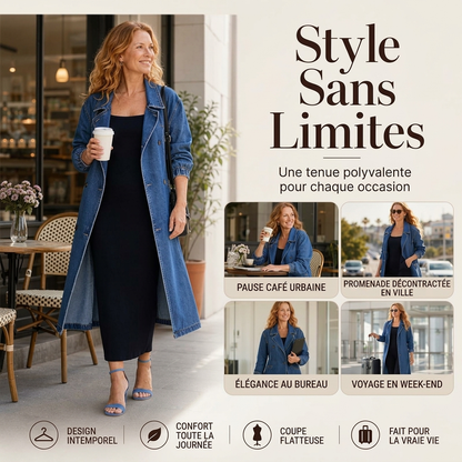 Manteau en denim long à double boutonnage pour femme