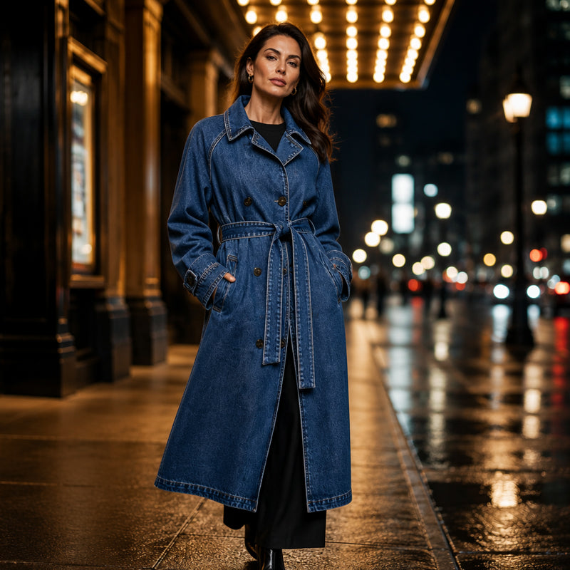 Manteau en denim long à double boutonnage pour femme