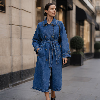 Manteau en denim long à double boutonnage pour femme