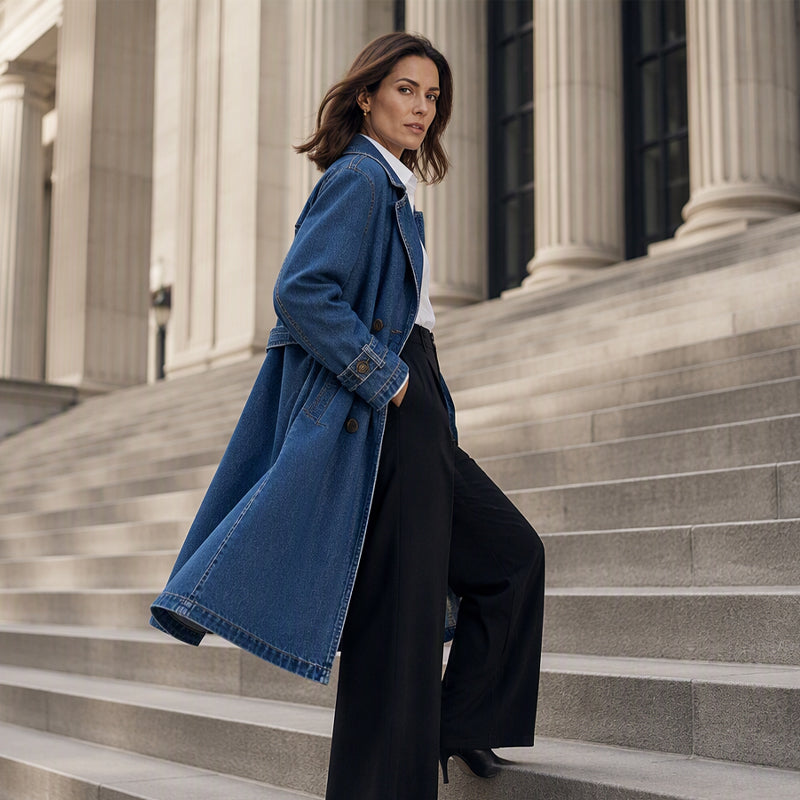 Manteau en denim long à double boutonnage pour femme