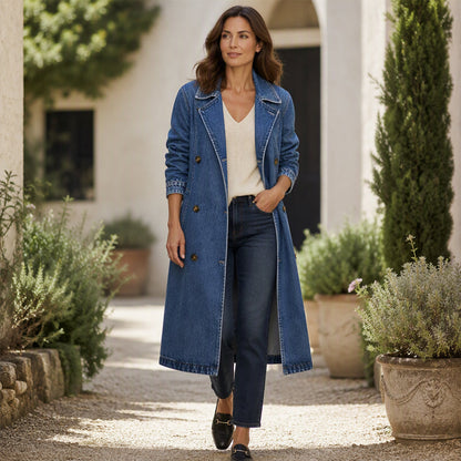 Manteau en denim long à double boutonnage pour femme