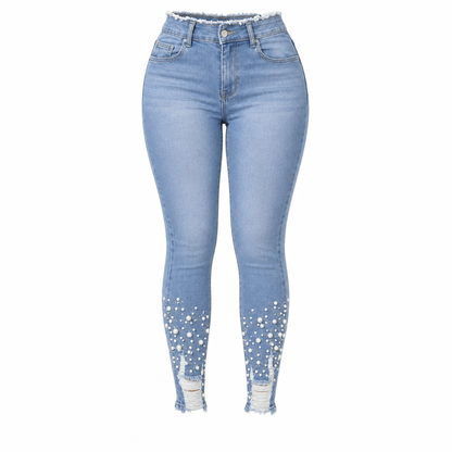 Jean skinny ajusté pour femme, bleu clair, orné de perles, avec taille effilochée et bords déchirés à la cheville