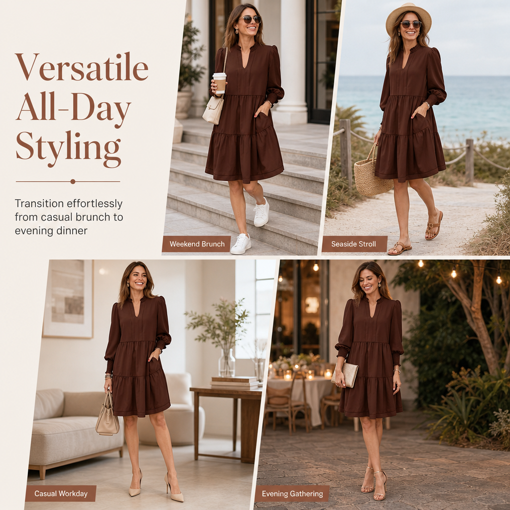Mini-robe à volants superposés et col en V pour femme