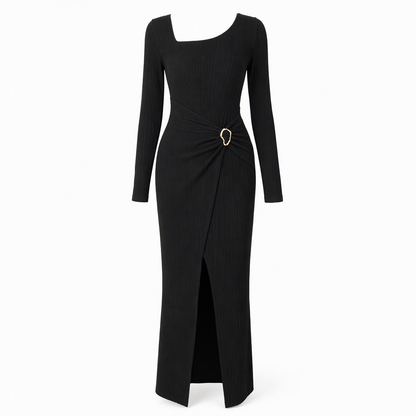 Robe longue en maille texturée unisexe pour femme, col irrégulier, automne-hiver